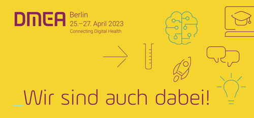 Es wird das Logo dargestellt: DMEA Berlin 24. - 27.04.2023. Lila Schrift auf gelbem Hintergrund. 